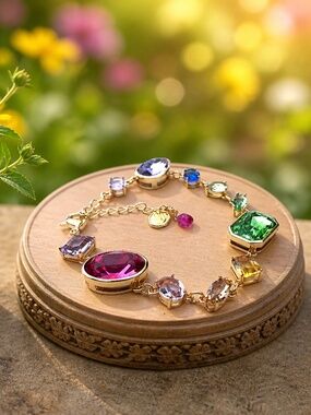 New Chunky Rainbow Gem Crystal Bracelet Yellow Gold Plated